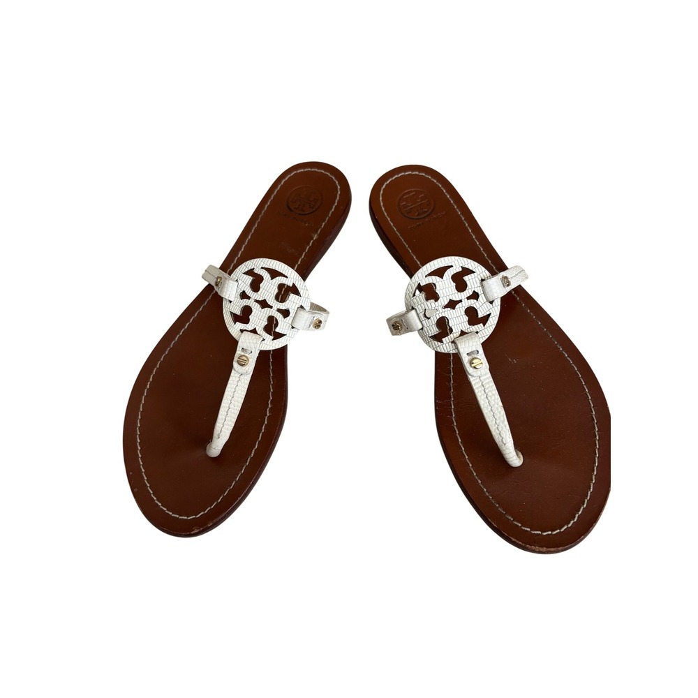 Tory Burch Miller White Lizard Embossed Leather Logo Thong Sandals Szie 9